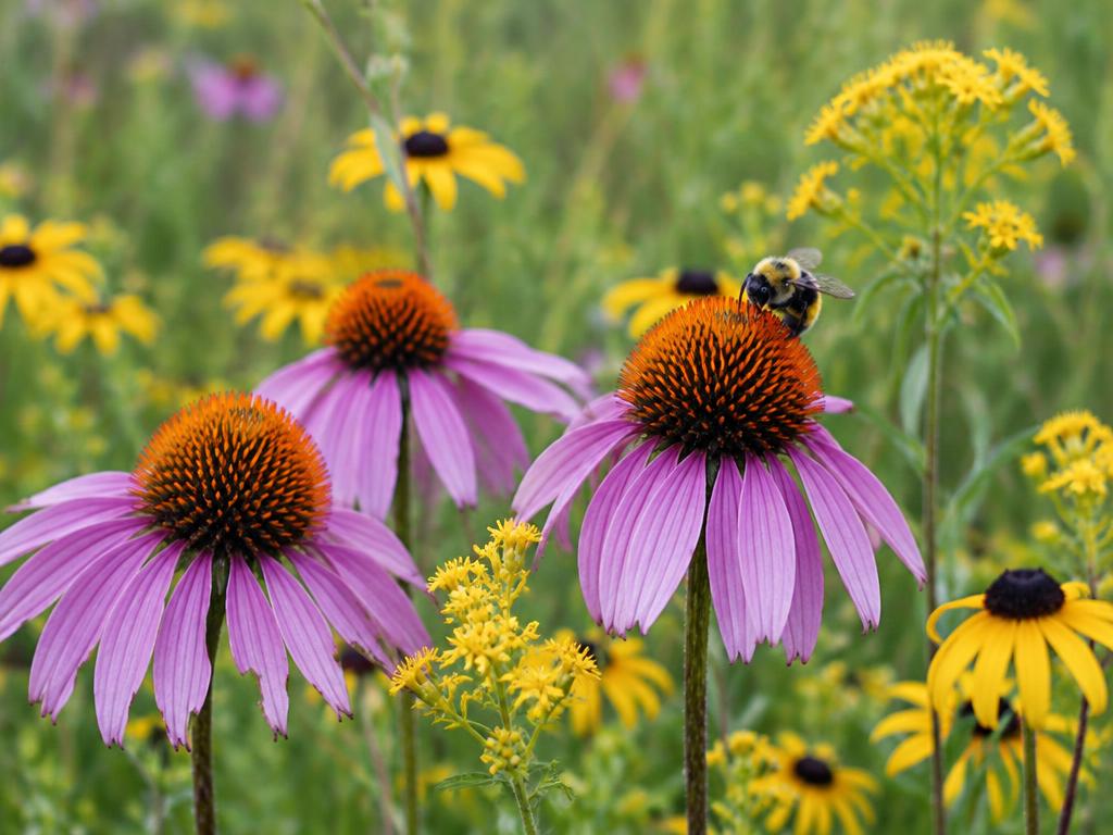 Purple coneflowers and yellow wildflowers with a bumblebee