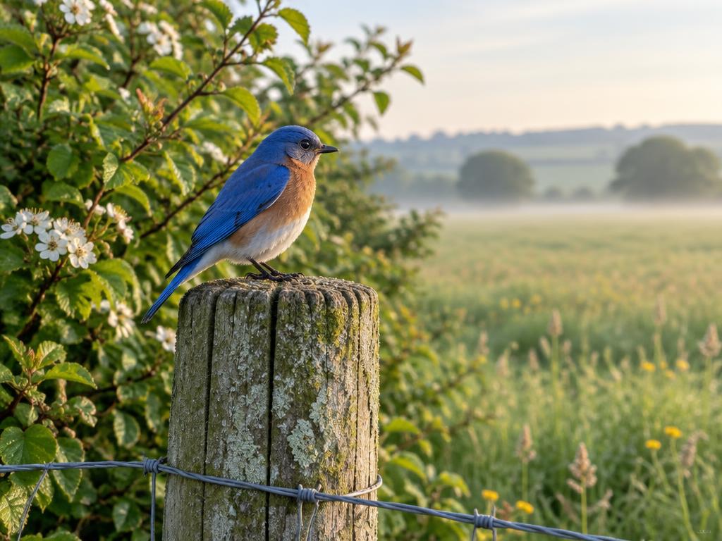 Bluebird on a wooden fence post beside a hedgerow